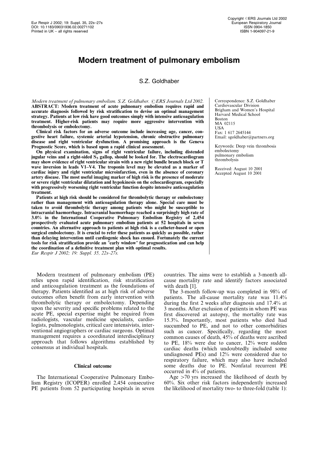 Modern Treatment of Pulmonary Embolism