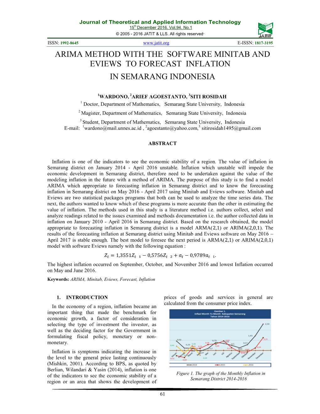 Arima Method with the Software Minitab and Eviews to Forecast Inflation in Semarang Indonesia