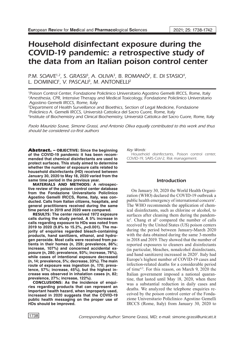 Household Disinfectant Exposure During the COVID-19 Pandemic: a Retrospective Study of the Data from an Italian Poison Control Center