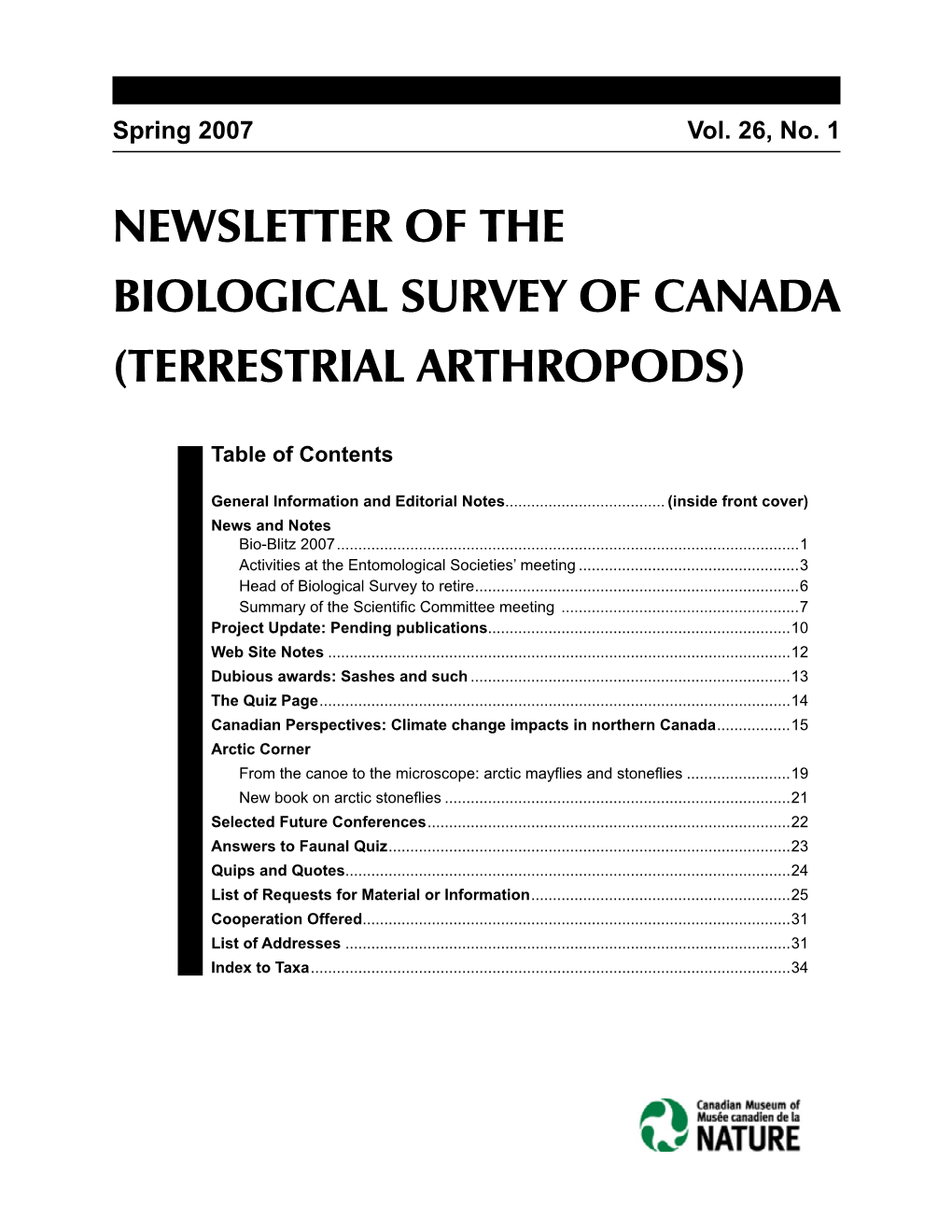 Newsletter of the Biological Survey of Canada (Terrestrial Arthropods)