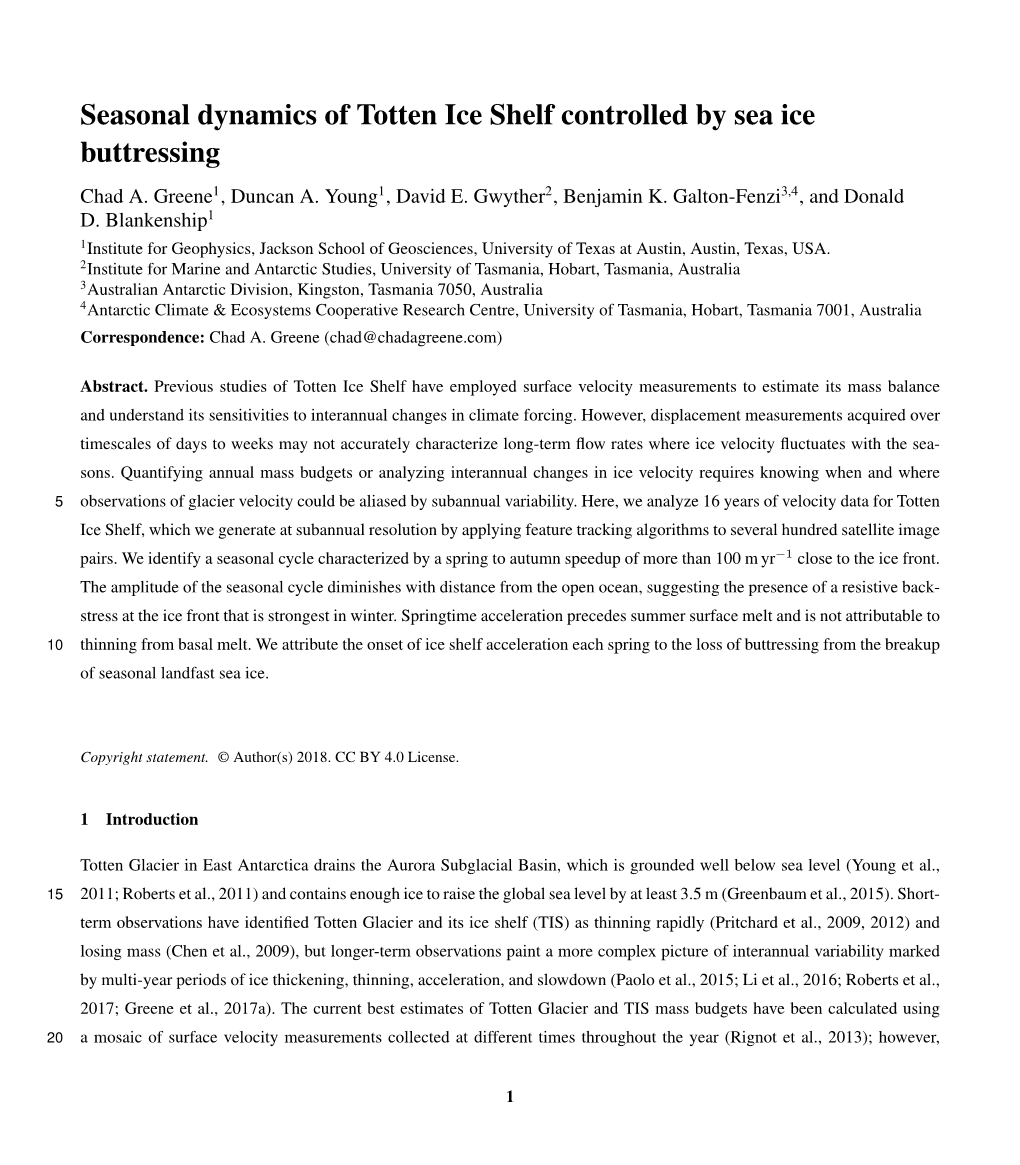 Seasonal Dynamics of Totten Ice Shelf Controlled by Sea Ice Buttressing Chad A