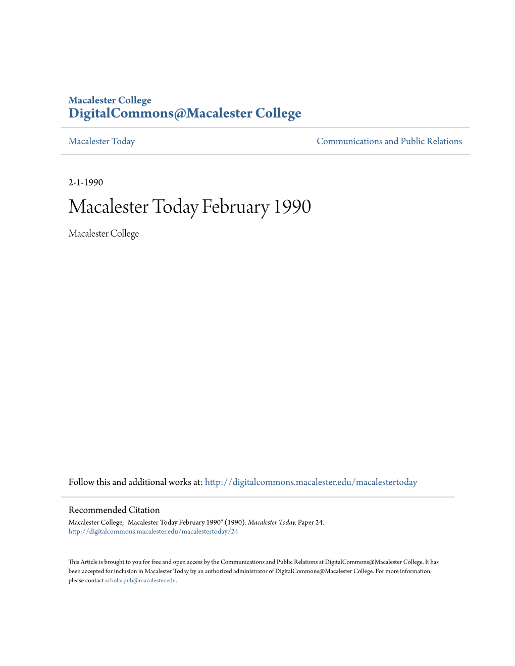 Macalester Today February 1990 Macalester College