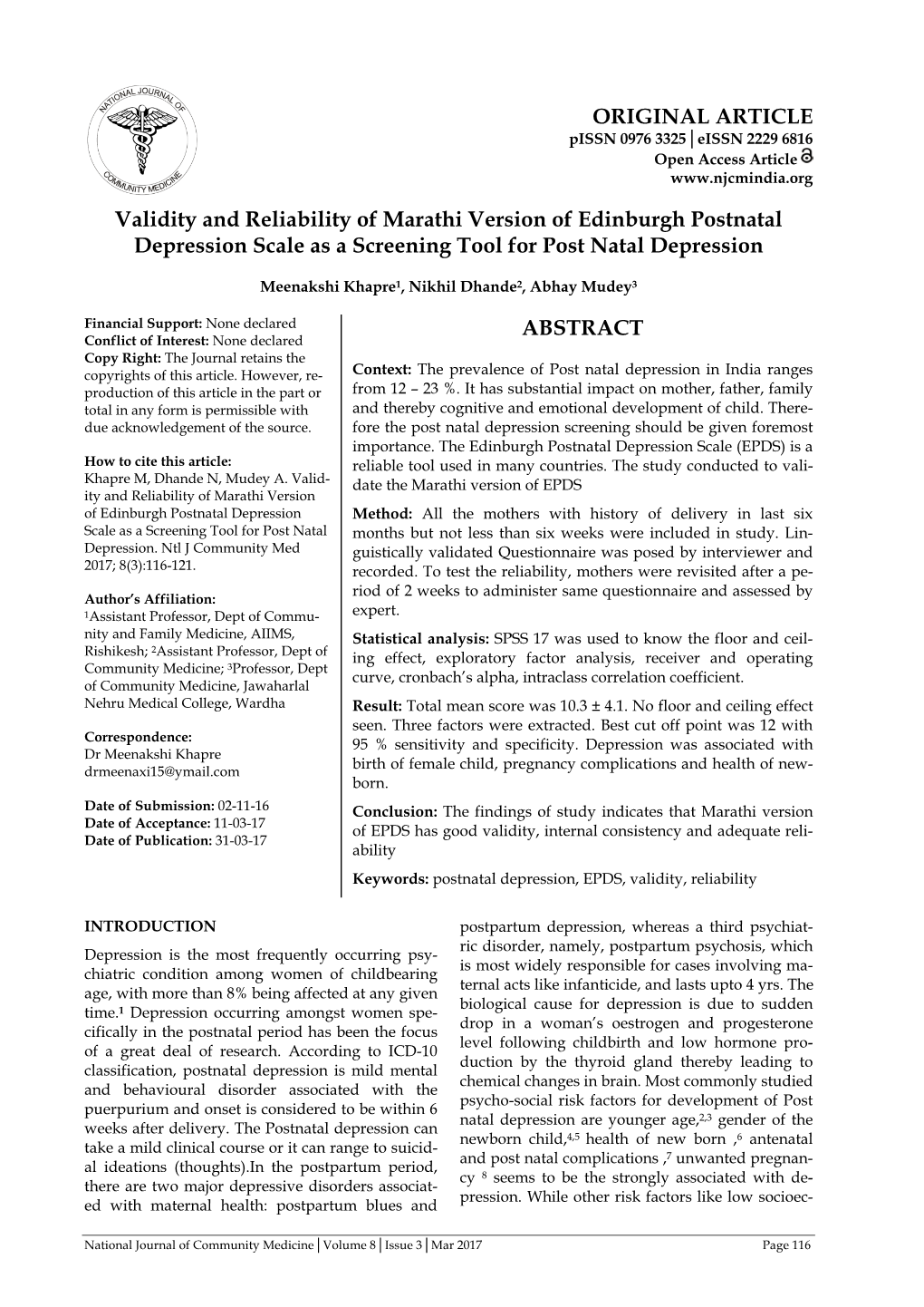 Validity and Reliability of Marathi Version of Edinburgh Postnatal Depression Scale As a Screening Tool for Post Natal Depression