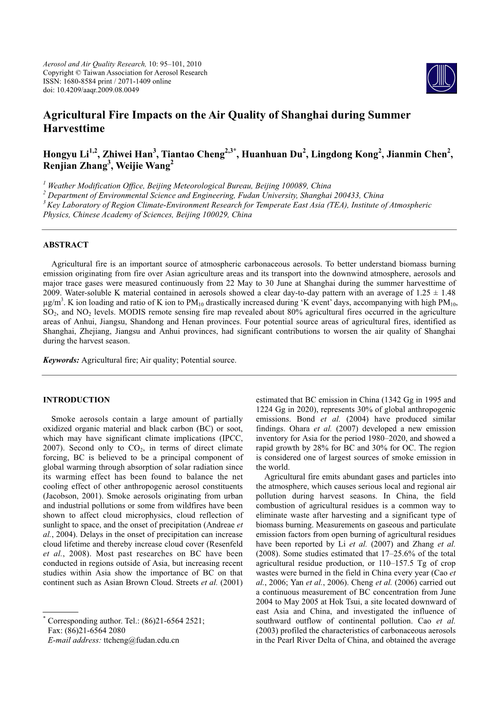 Agricultural Fire Impacts on the Air Quality of Shanghai During Summer Harvesttime