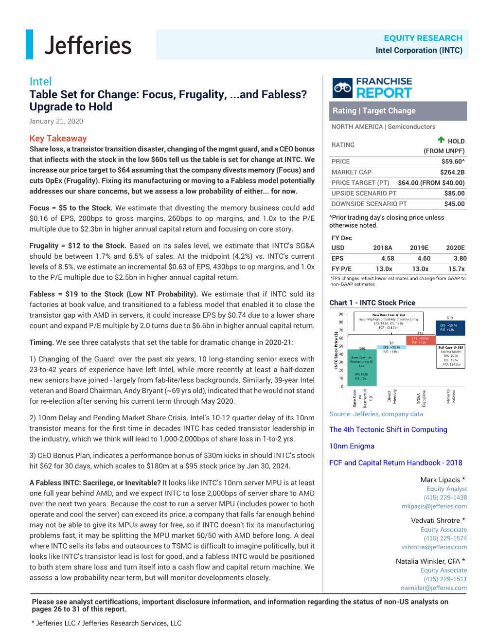Intel Table Set for Change: Focus, Frugality, ...And Fabless? Upgrade to Hold Rating | Target Change January 21, 2020 NORTH AMERICA | Semiconductors