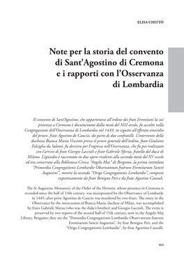 Note Per La Storia Del Convento Di Sant'agostino Di Cremona E I Rapporti