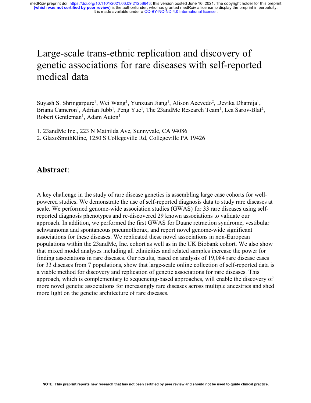 Large-Scale Trans-Ethnic Replication and Discovery of Genetic Associations for Rare Diseases with Self-Reported Medical Data