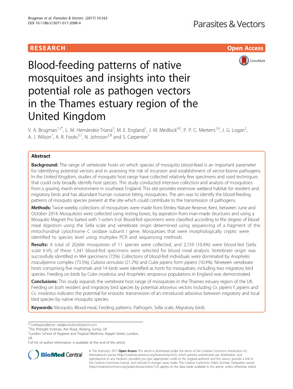 Blood-Feeding Patterns of Native Mosquitoes and Insights Into Their Potential Role As Pathogen Vectors in the Thames Estuary Region of the United Kingdom V