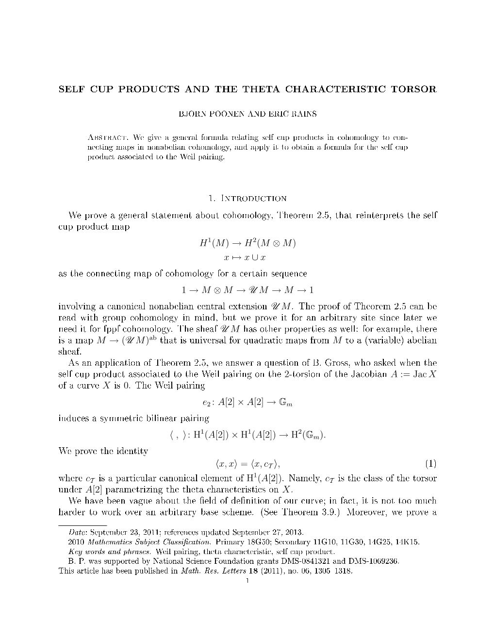 Self Cup Products and the Theta Characteristic Torsor