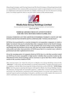 Media Asia Group Holdings Limited (Incorporated in the Cayman Islands and Continued in Bermuda with Limited Liability) (Stock Code: 8075)