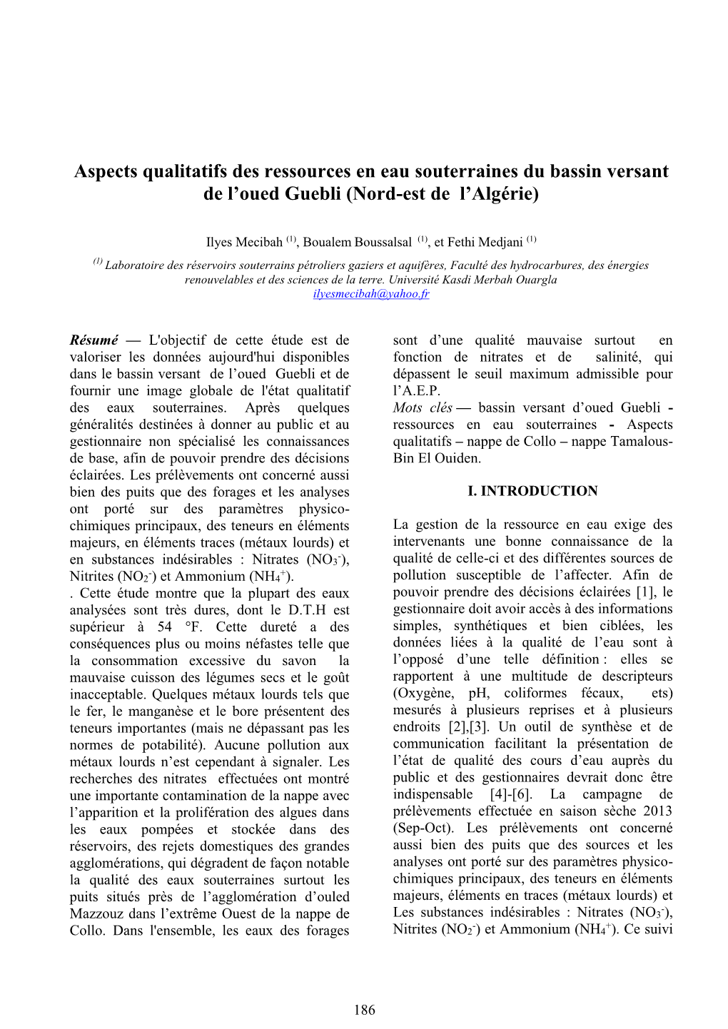 Aspects Qualitatifs Des Ressources En Eau Souterraines Du Bassin Versant De L’Oued Guebli (Nord-Est De L’Algérie)