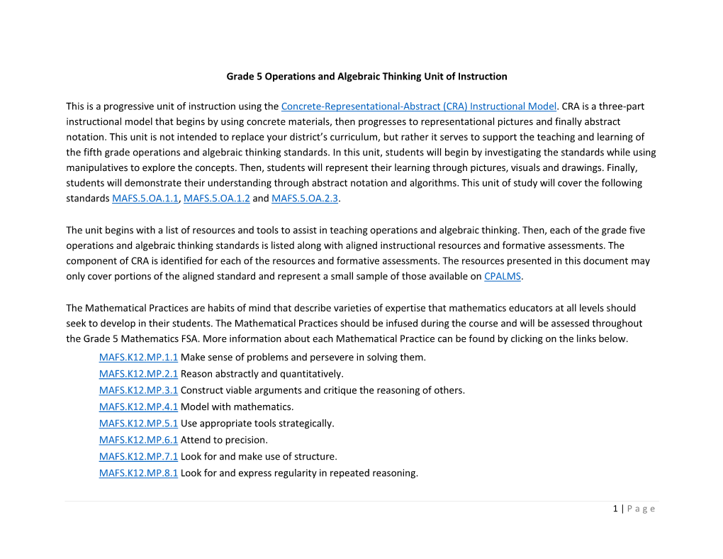 Grade 5 Operations and Algebraic Thinking Unit of Instruction