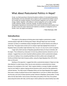 What About Postcolonial Politics in Nepal?