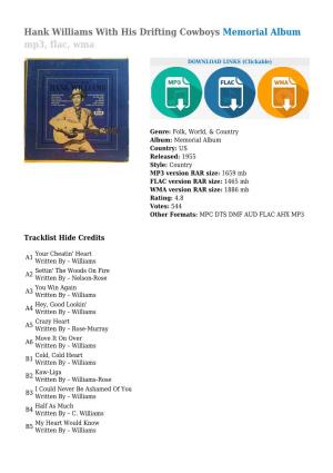 Hank Williams with His Drifting Cowboys Memorial Album Mp3, Flac, Wma