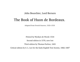 The Book of Huon De Bordeaux