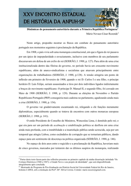 Dinâmicas Do Pensamento Autoritário Durante a Primeira República Portuguesa1 Mário Novaes César Rezende2