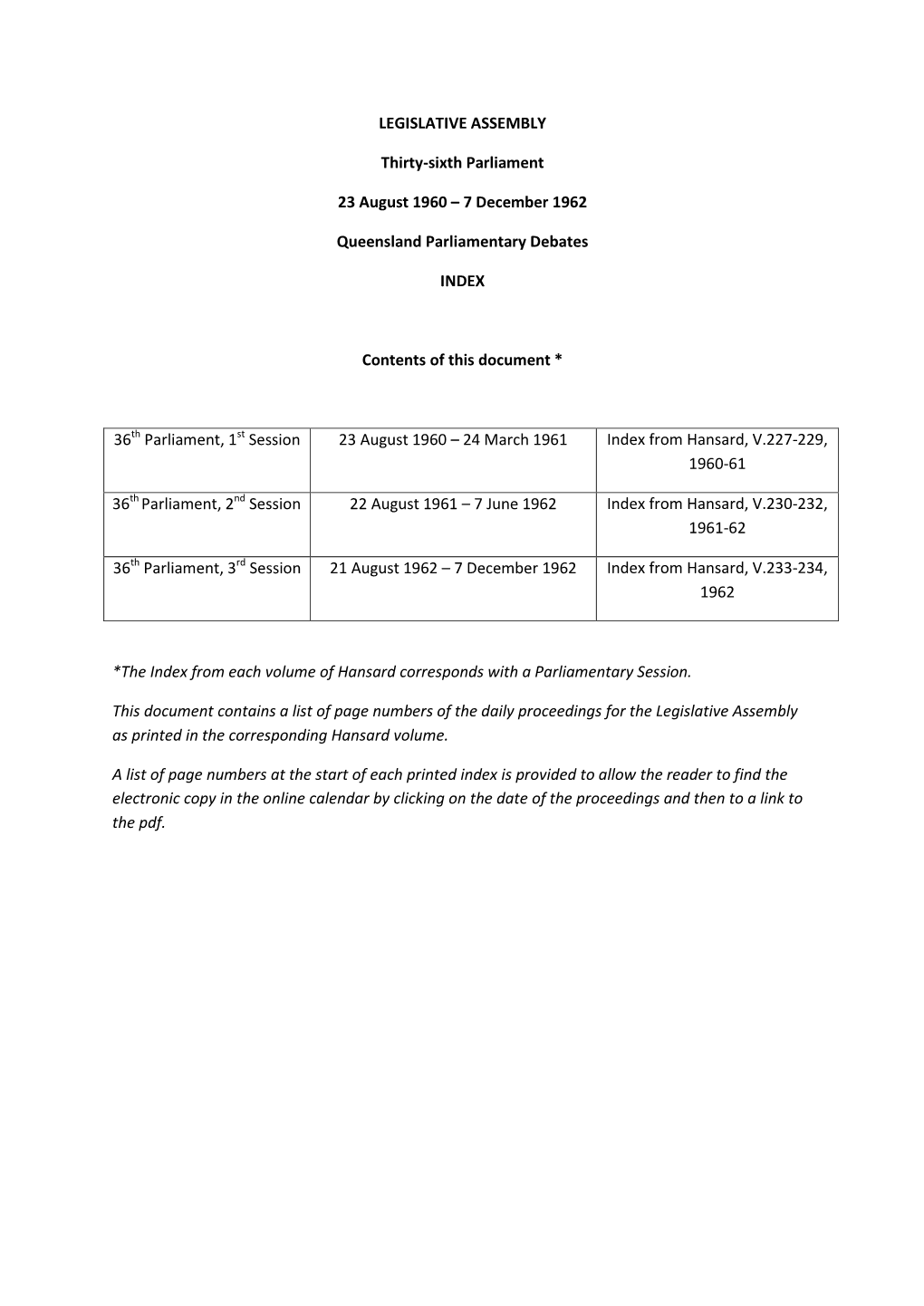 1960-1962 Index to Parliamentary Debates