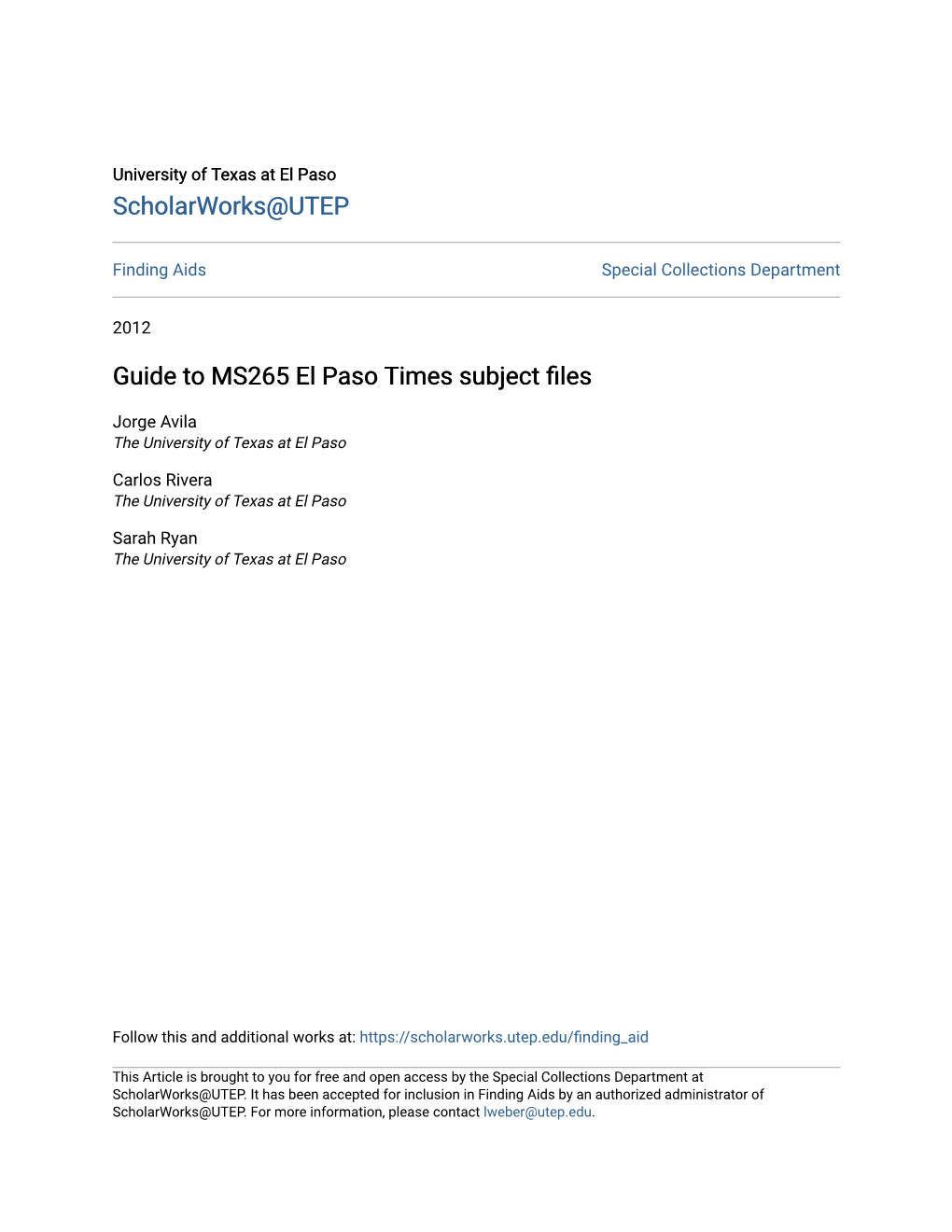 Guide to MS265 El Paso Times Subject Files