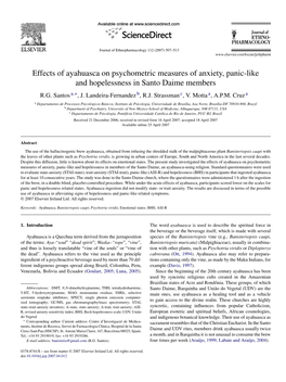 Effects of Ayahuasca on Psychometric Measures of Anxiety, Panic-Like and Hopelessness in Santo Daime Members R.G