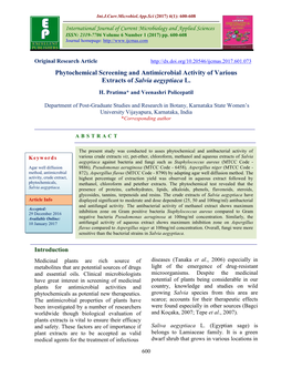 Phytochemical Screening and Antimicrobial Activity of Various Extracts of Salvia Aegyptiaca L