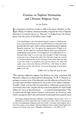 Erasmus on Baptista Mantuanus and Christian Religious Verse by Lee Piepho in a Frequently Cited Letter Written in 1496 to H