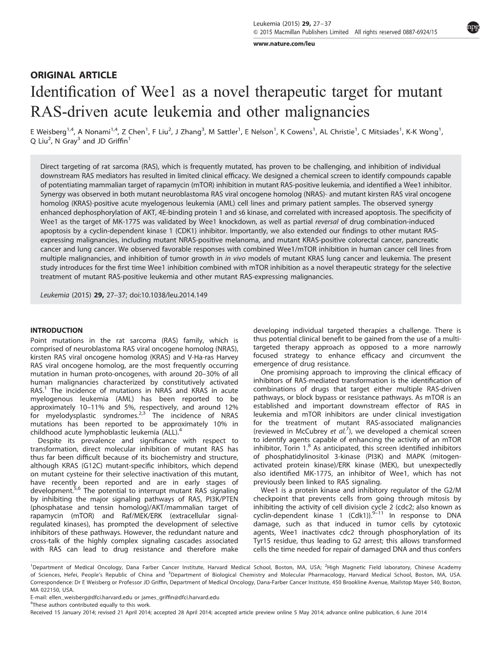Identification of Wee1 As a Novel Therapeutic Target for Mutant RAS
