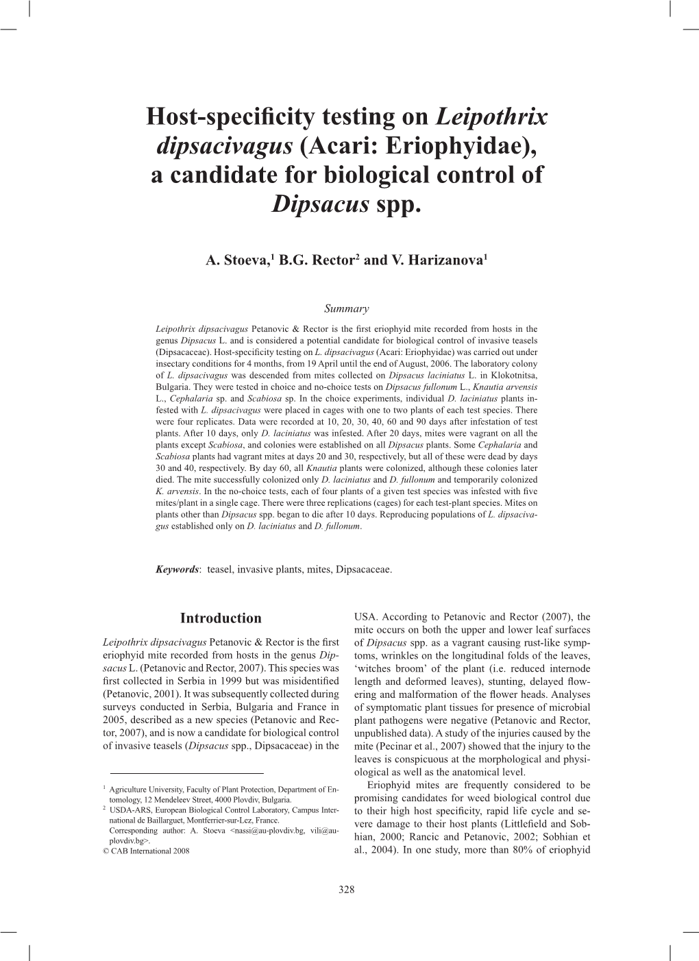 Acari: Eriophyidae), a Candidate for Biological Control of Dipsacus Spp