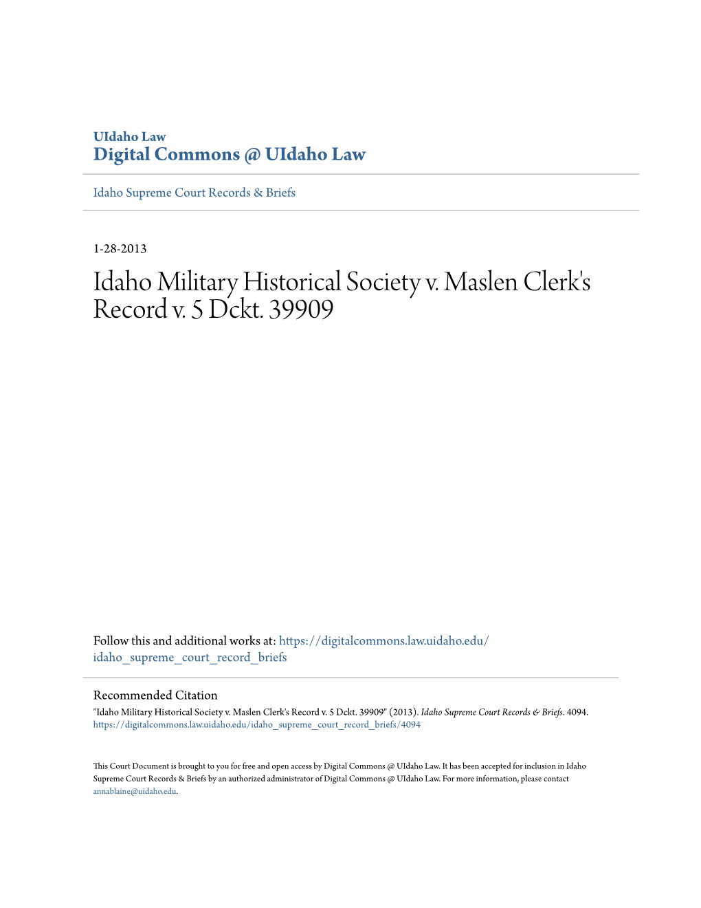 Idaho Military Historical Society V. Maslen Clerk's Record V. 5 Dckt