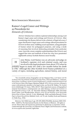 Kames's Legal Career and Writings As Precedents for Elements of Criticism
