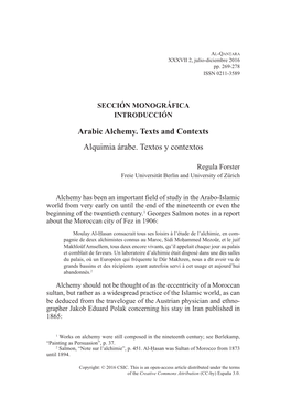 Arabic Alchemy. Texts and Contexts Alquimia Árabe