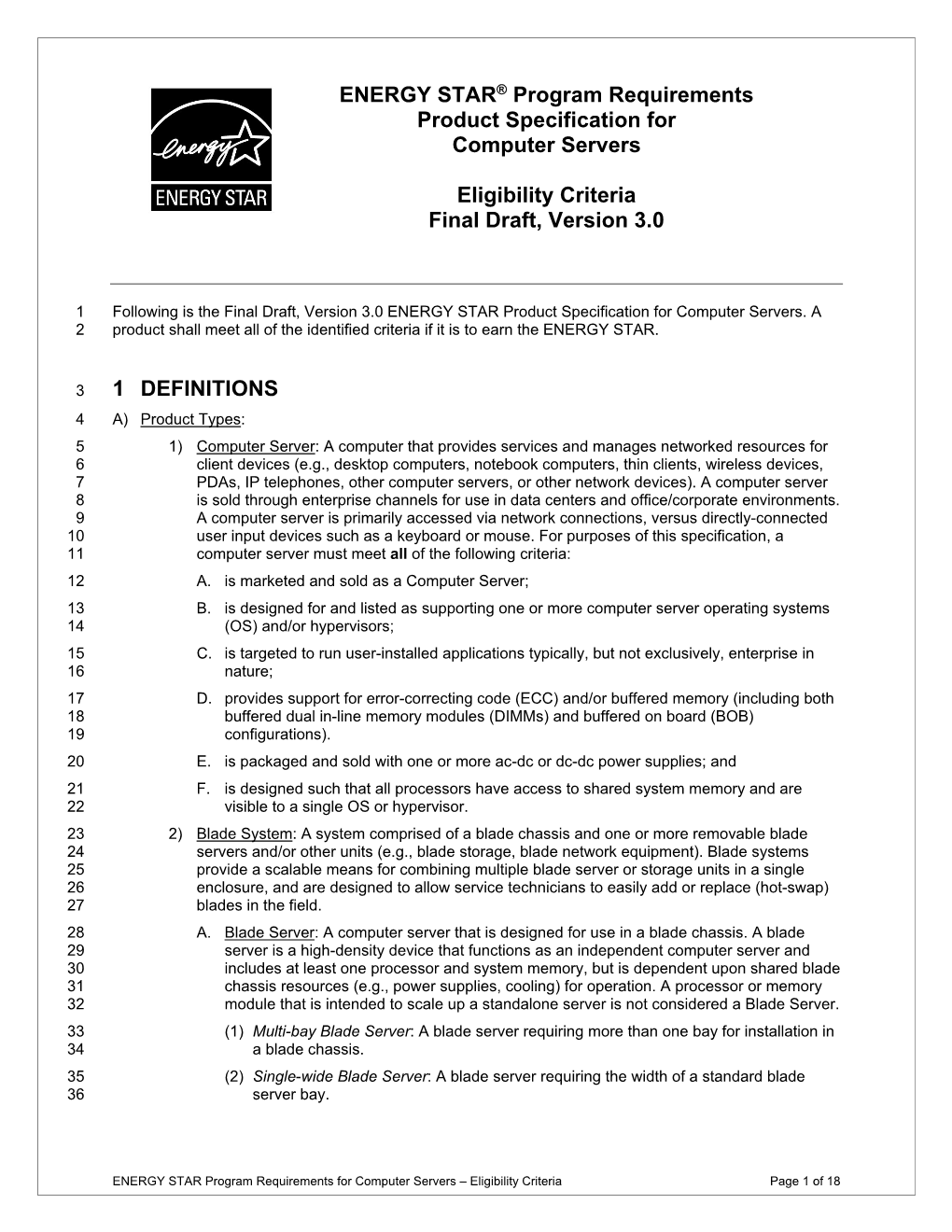 Computer Servers Version 3.0 Final Draft Specification