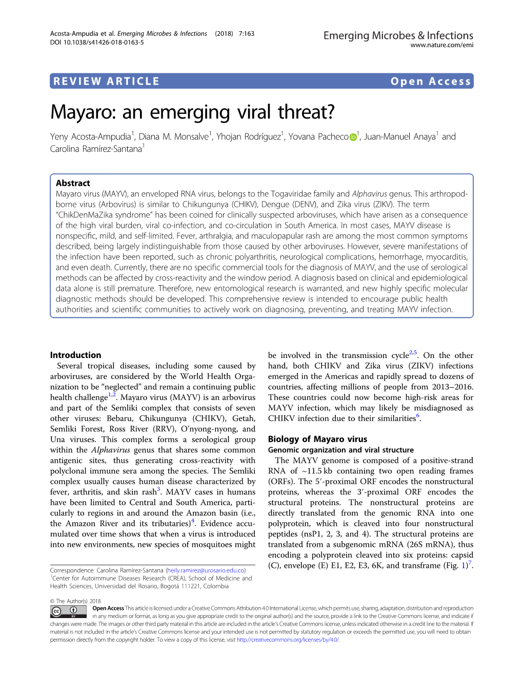 Mayaro: an Emerging Viral Threat? Yeny Acosta-Ampudia1, Diana M