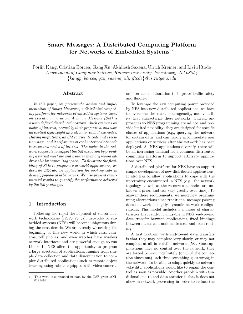 A Distributed Computing Platform for Networks of Embedded Systems ∗