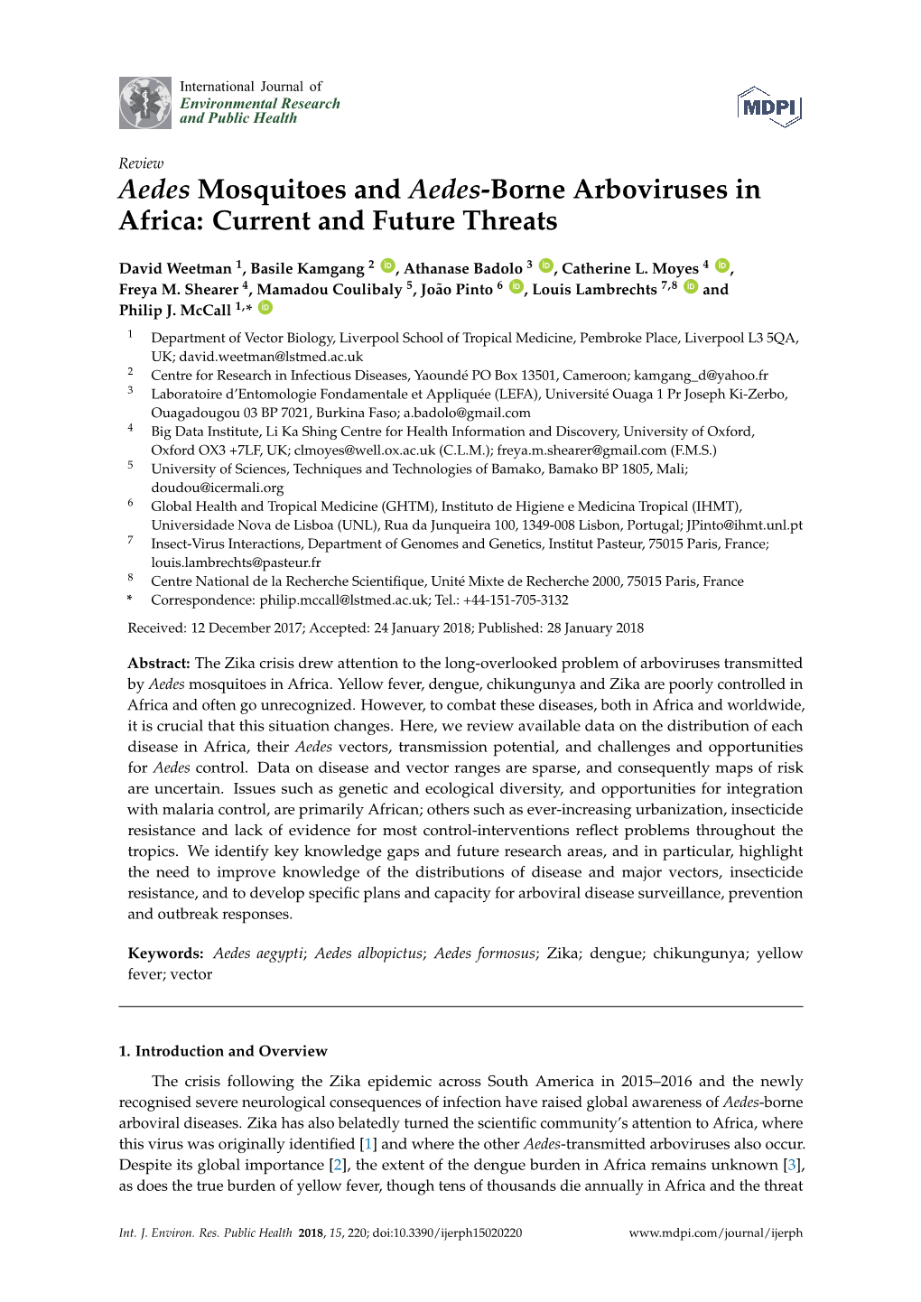 Aedes Mosquitoes and Aedes-Borne Arboviruses in Africa: Current and Future Threats