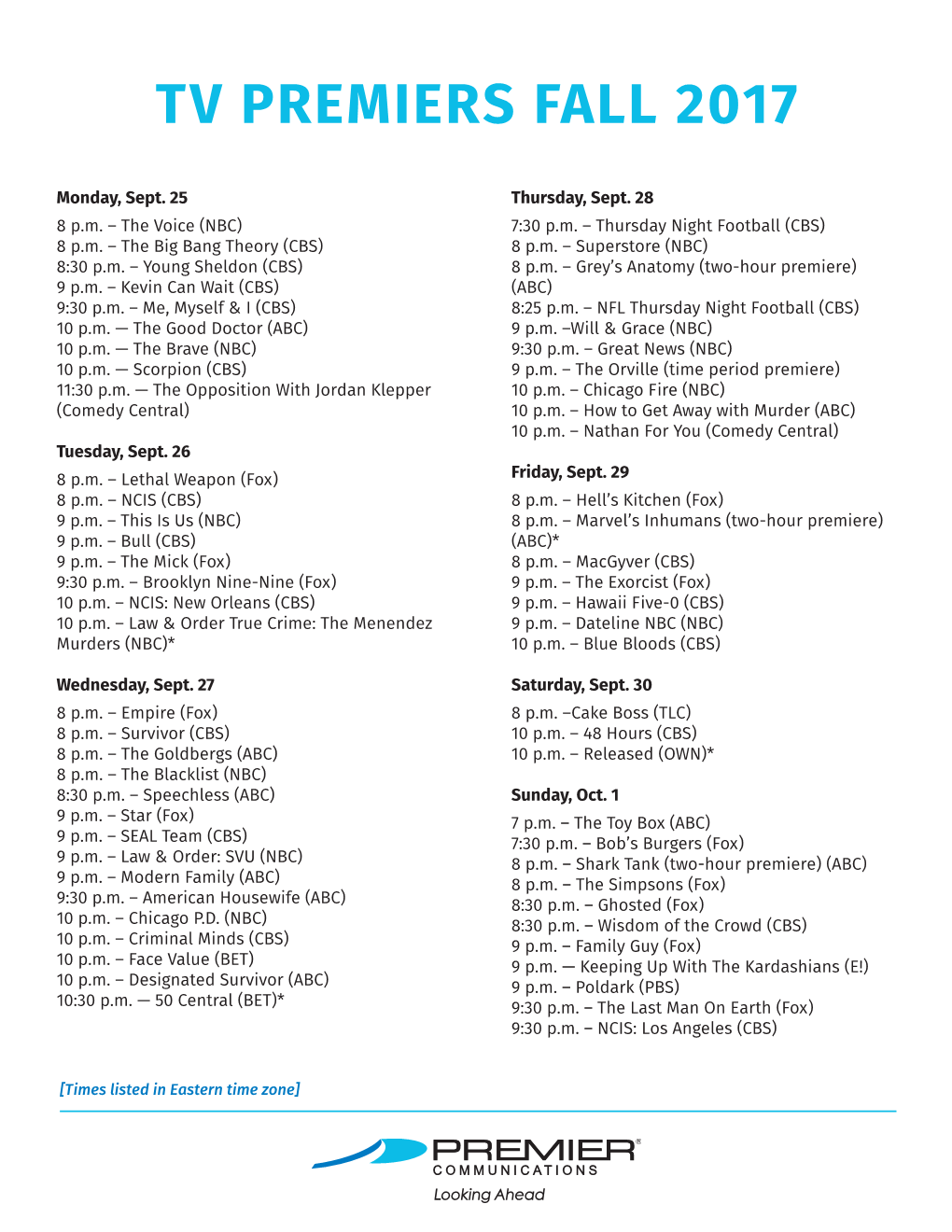 TV Premier Schedule Fall 2017.Indd