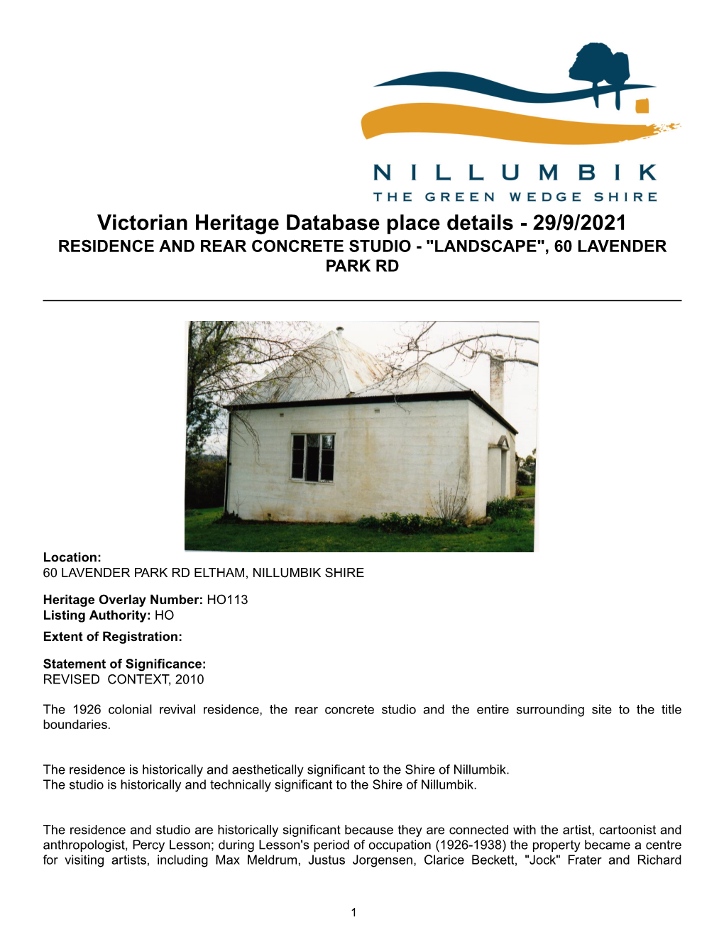 Victorian Heritage Database Place Details - 29/9/2021 RESIDENCE and REAR CONCRETE STUDIO - "LANDSCAPE", 60 LAVENDER PARK RD