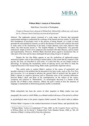 William Blake's Analysis of Melancholia Mark Ryan, University