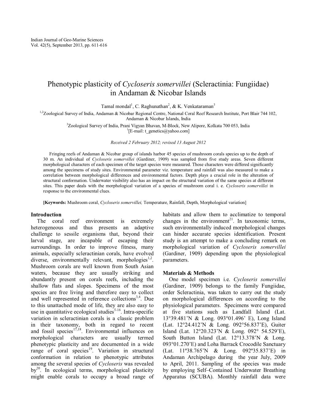 Phenotypic Plasticity of Cycloseris Somervillei (Scleractinia: Fungiidae) in Andaman & Nicobar Islands