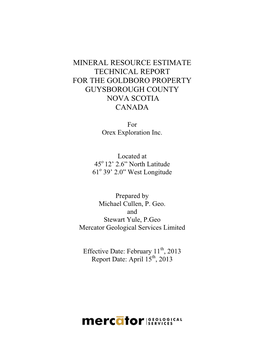 Mineral Resource Estimate Technical Report for the Goldboro Property Guysborough County Nova Scotia Canada