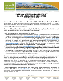 EAST BAY REGIONAL PARK DISTRICT BOARD LEGISLATIVE COMMITTEE Friday, December 11, 2020 12:30 P.M