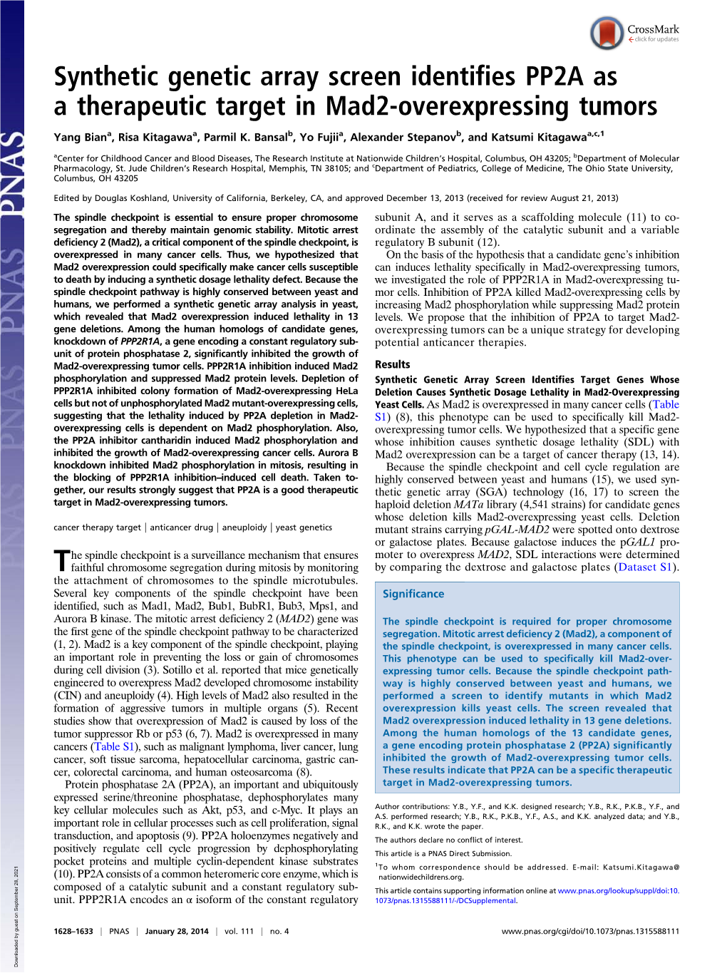 Synthetic Genetic Array Screen Identifies PP2A As a Therapeutic Target in Mad2-Overexpressing Tumors