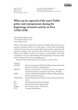 Public Policy and Entrepreneurs During the Beginnings of Tourist Activity in Peru (1930-1950)