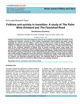 Folklore and Society in Transition: a Study of the Palm- Wine Drinkard and the Famished Road