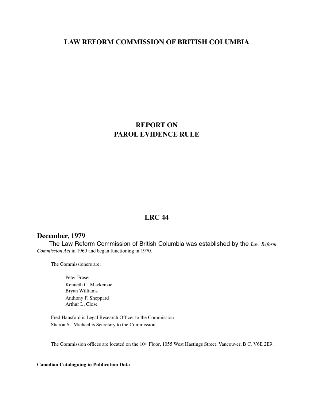 Law Reform Commission of British Columbia Report On