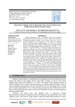 Reproductive Biology of the Common Sole, Solea Solea in Southern East Mediterranean, Bardawil Lagoon, Egypt Attia A. O. El- Aiat