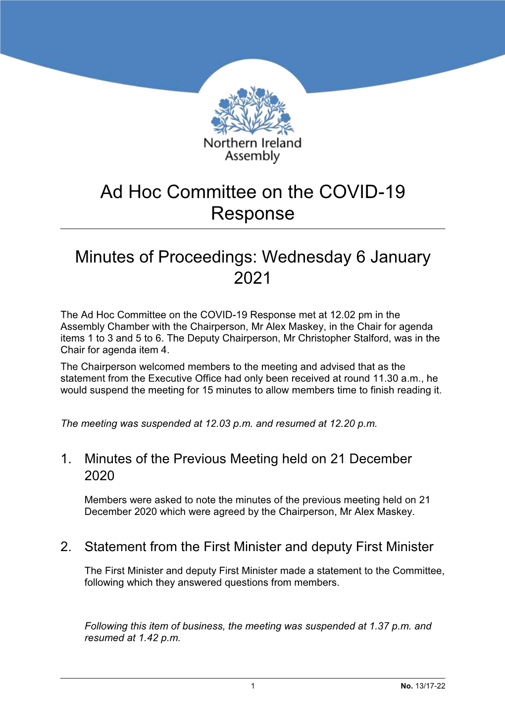 Ad Hoc Committee on the COVID-19 Response Meeting Minutes of Proceedings