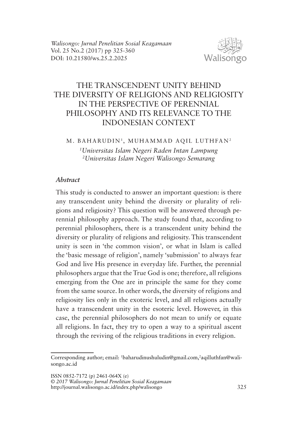 The Transcendent Unity Behind the Diversity of Religions and Religiosity in the Perspective of Perennial Philosophy and Its Relevance to the Indonesian Context