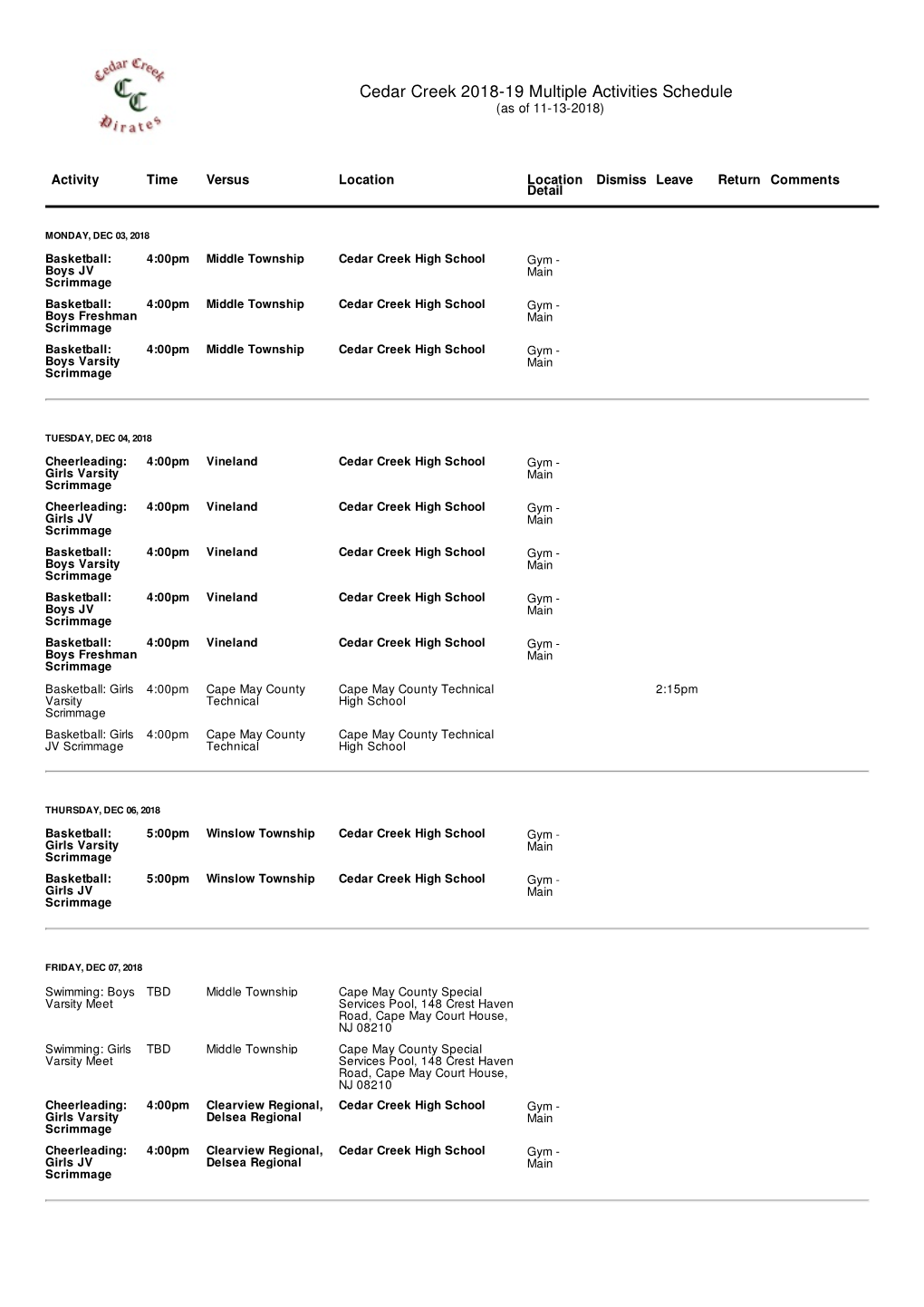 Cedar Creek 2018-19 Multiple Activities Schedule (As of 11-13-2018)