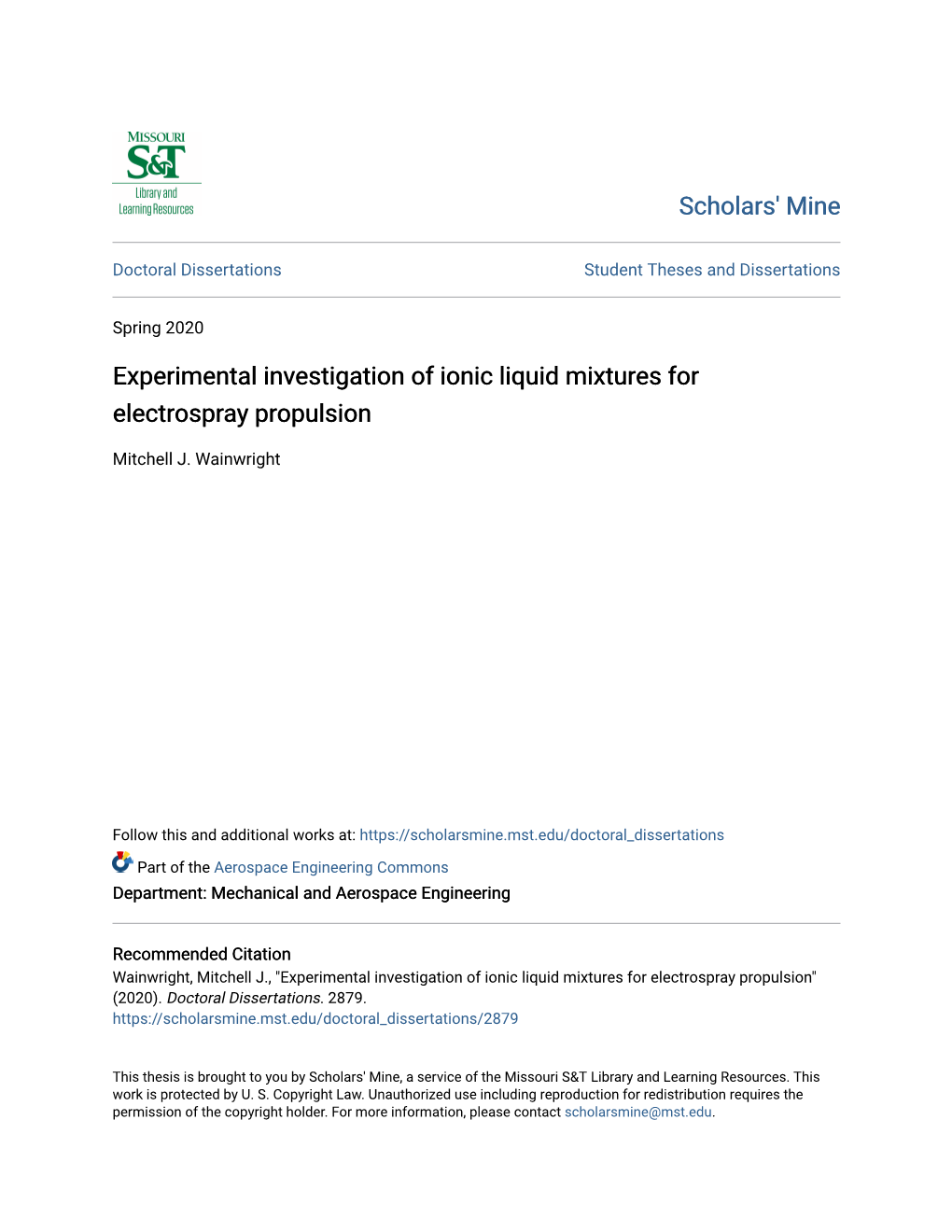 Experimental Investigation of Ionic Liquid Mixtures for Electrospray Propulsion