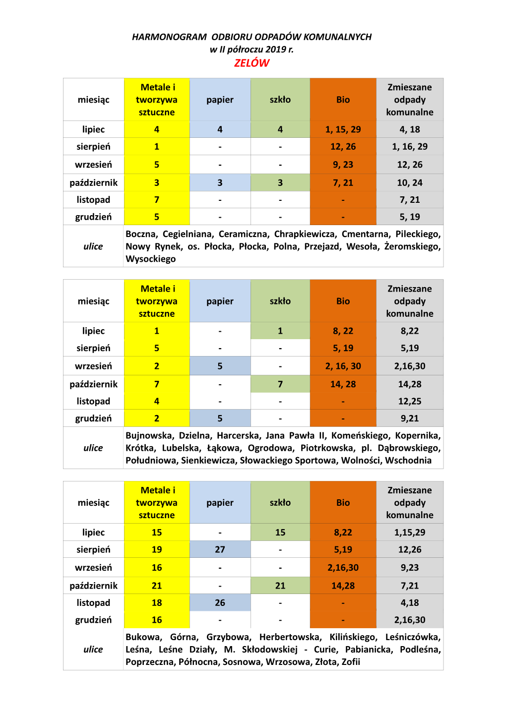 HARMONOGRAM ODBIORU ODPADÓW KOMUNALNYCH W II Półroczu 2019 R